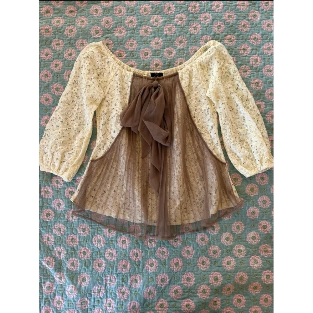 Ryu Lace & Mesh Bow Top Cream Taupe Fairy Boho Cottagecore Romantic Blouse